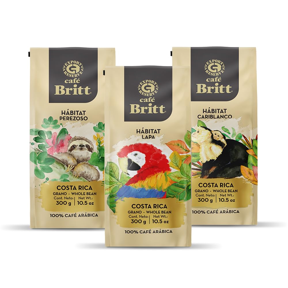 Café Britt® — Costa Rican Habitat kafijas komplekts (300G) (3 iepakojumi) (Sloth, Lapa & Cariblanco) — kafijas pupiņas, arabikas kafija, košers, bez lipekļa, gardēdis un vidēji gaišs un tumšs grauzdējums